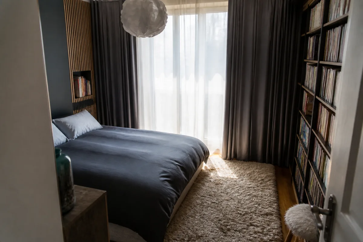 Chambre avec tapis épais, rideau multicouche et bibliothèque garnie contre un mur mitoyen