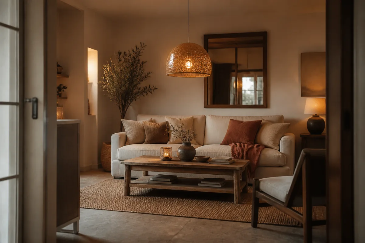 Séjour chaleureux avec canapé en tissu, table basse en bois, tapis naturel et luminaires coordonnés