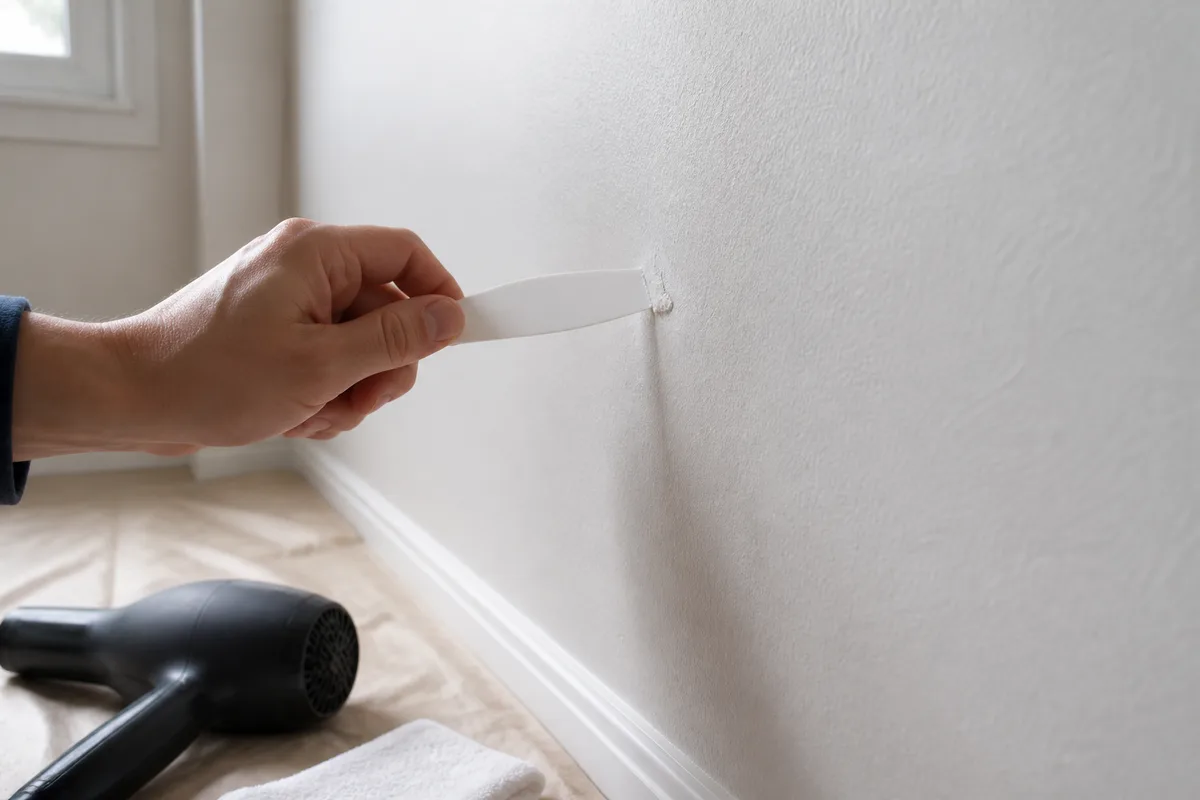 Retirer une trace de colle sur un mur peint avec un couteau à mastiquer et un chiffon