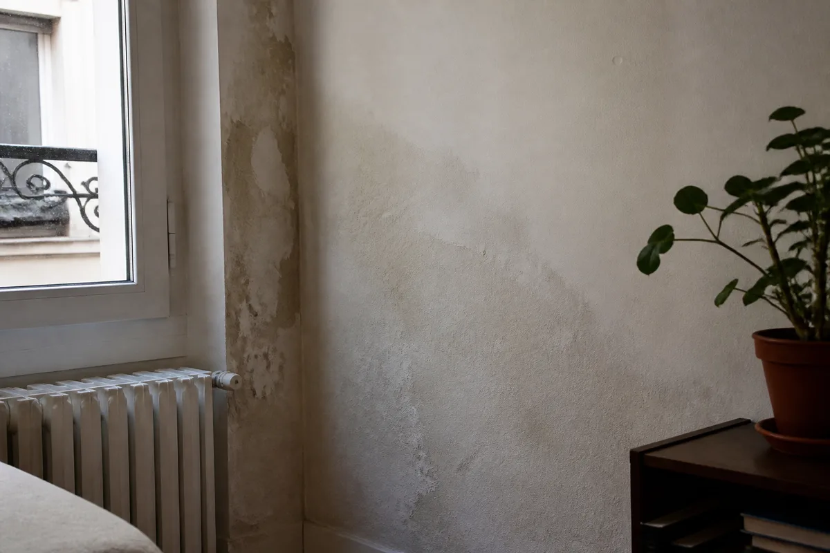 Mur intérieur humide près d’une fenêtre avec auréole et traces de condensation