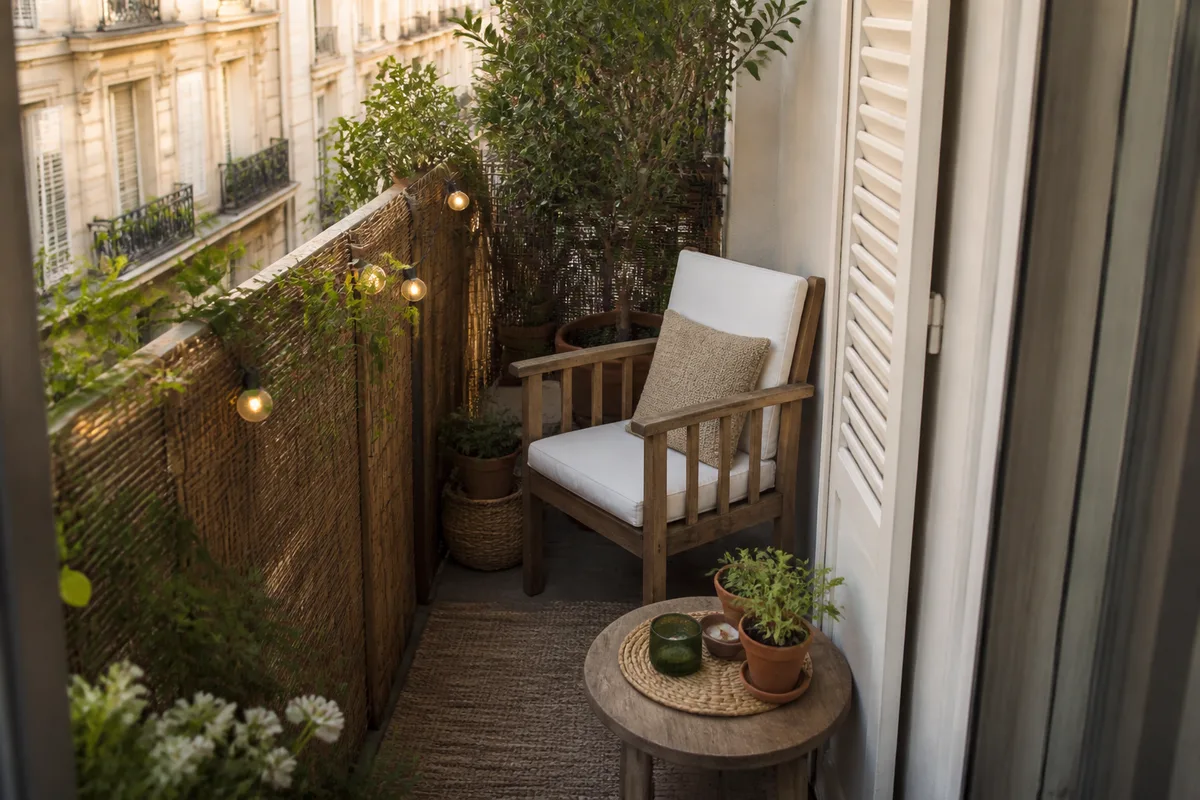 Balcon urbain étroit avec mobilier compact Maisons du Monde, plantes et tapis extérieur dans un style naturel