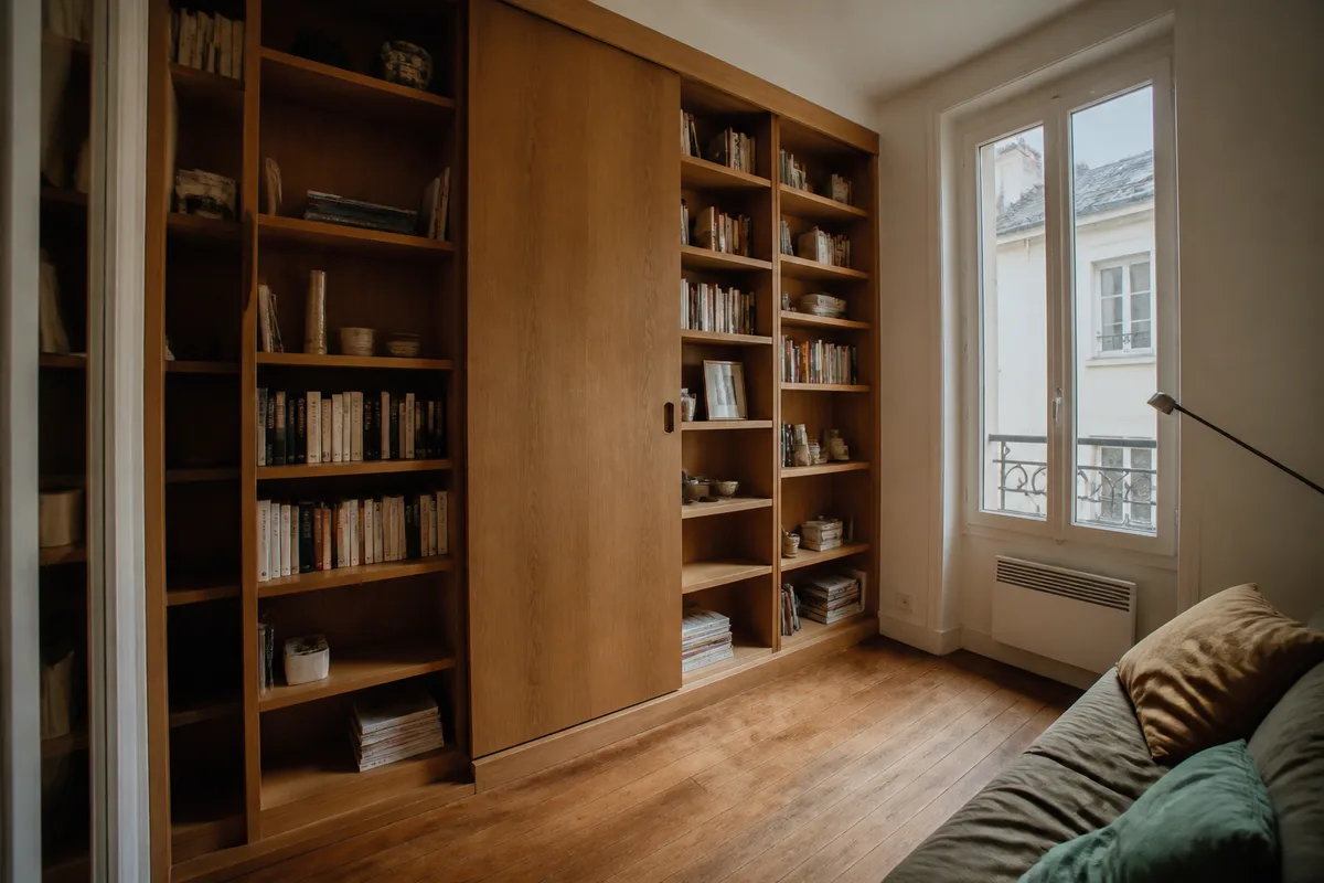 Rangement sur mesure en bois dans une petite pièce étroite avec étagères du sol au plafond