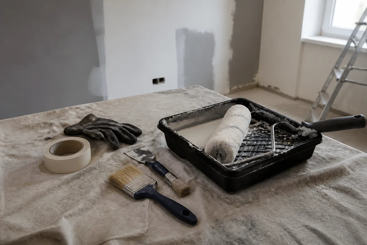 Matériel peinture maison avec rouleau, bac à peinture, pinceaux, bâche et ruban de masquage