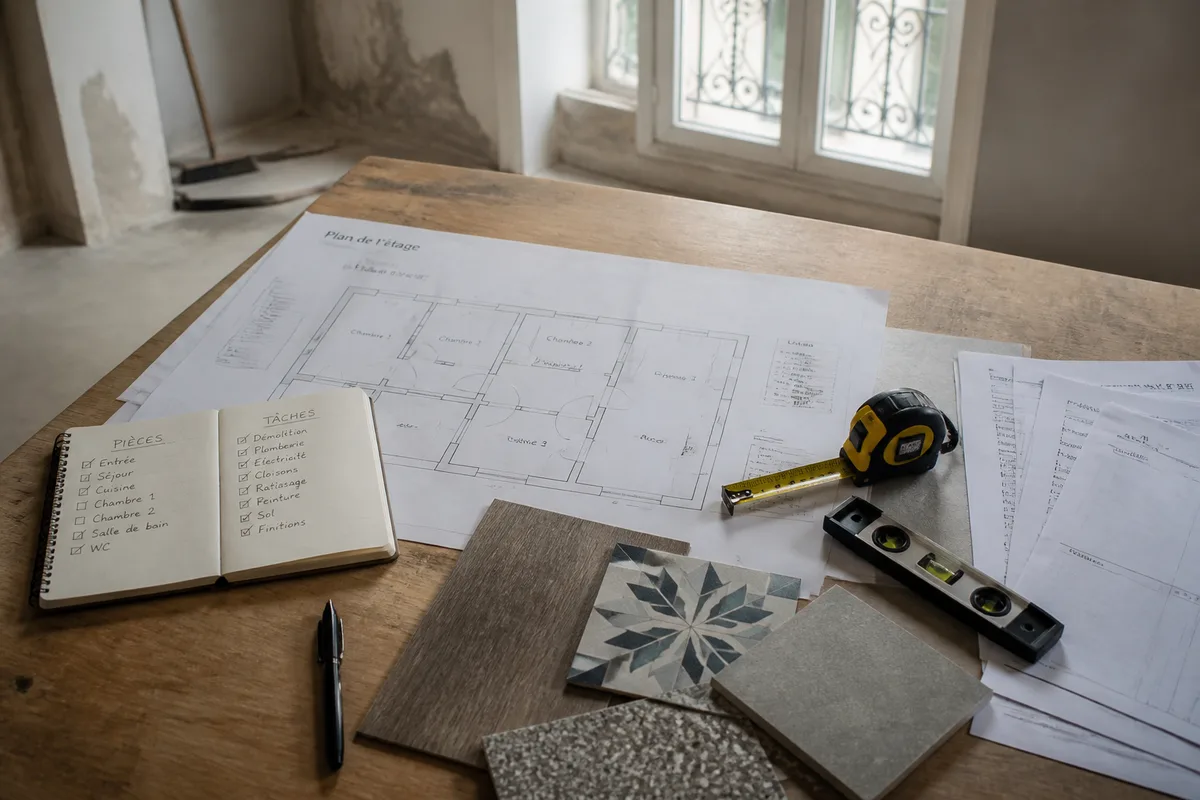 Matériaux, plans et documents préparés pour organiser une rénovation avec MyMap AI
