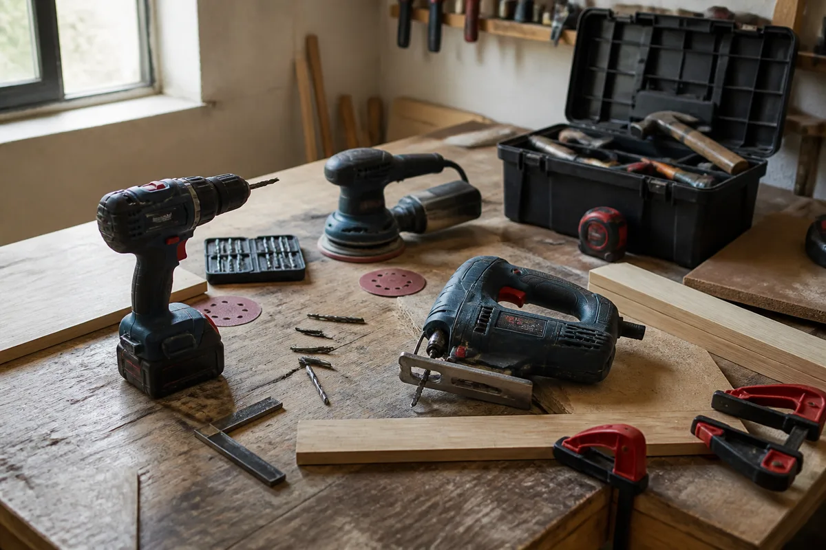 Outils électroportatifs pour travaux de bricolage maison posés sur un établi en bois