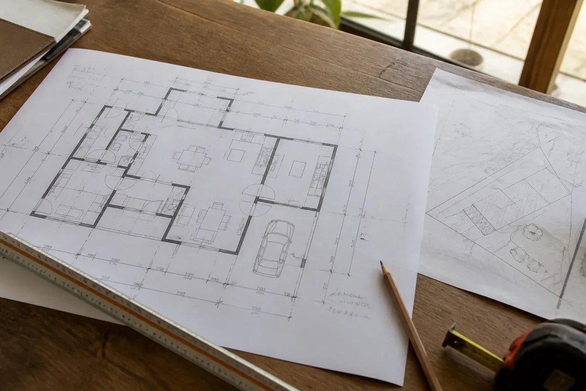 Plan de maison en ligne imprimé avec règle d’échelle et croquis de terrain