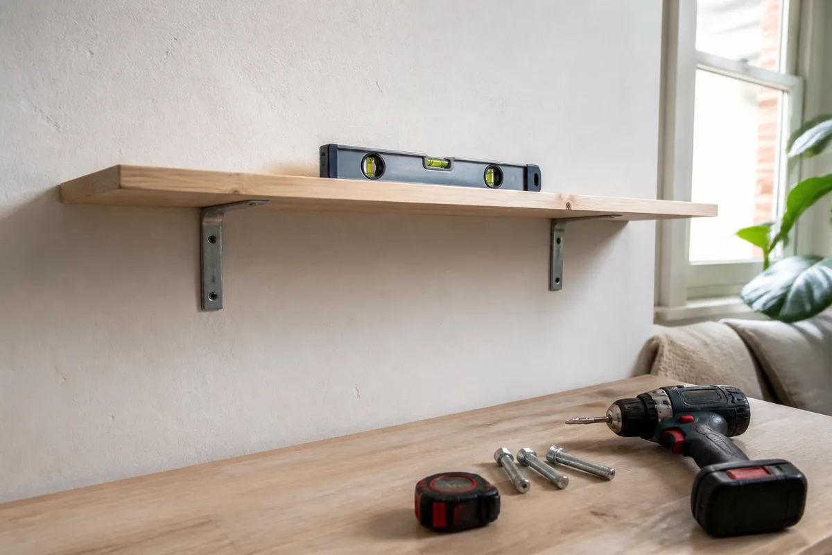 Pose d’une étagère droite sur un mur en plaques de plâtre avec niveau, équerres et cheville métallique