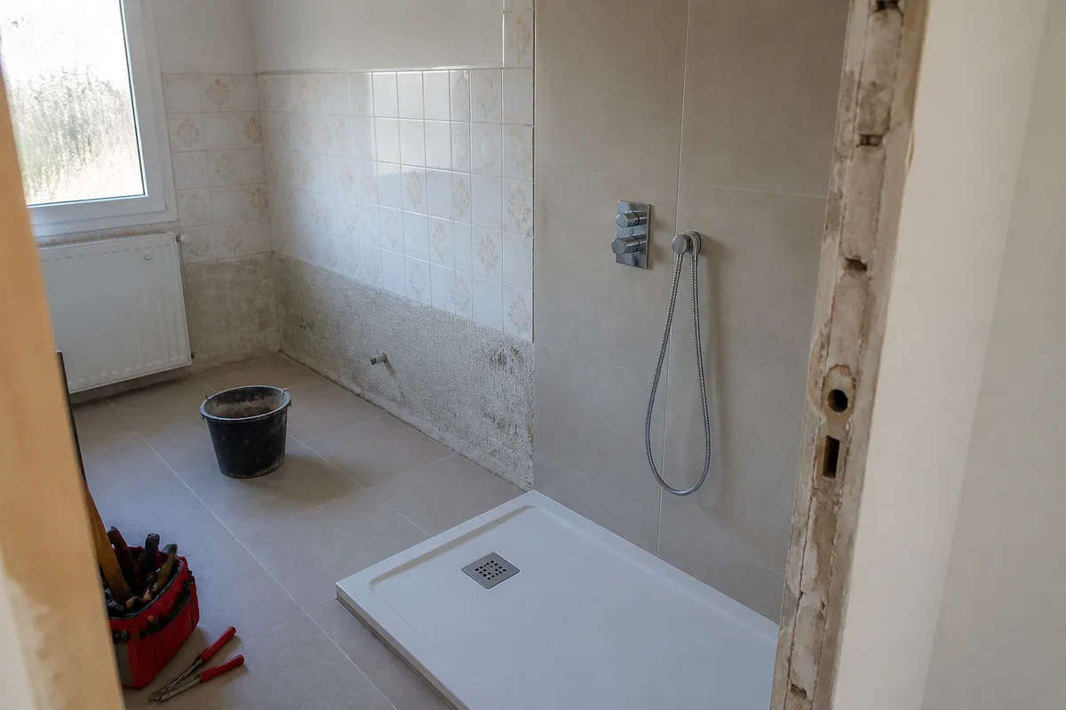Salle de bains rénovée avec panneaux muraux sur ancien carrelage