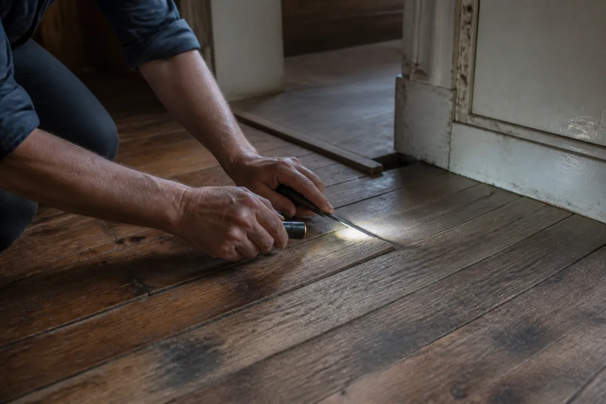 Réparation d’un parquet qui grince avec inspection d’une lame en bois et outils de bricolage