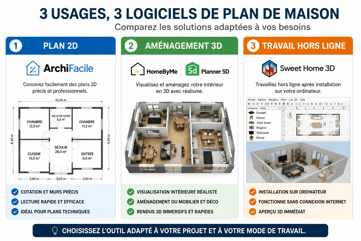 Infographic comparing free software according to 2D plan, 3D layout, and offline work
