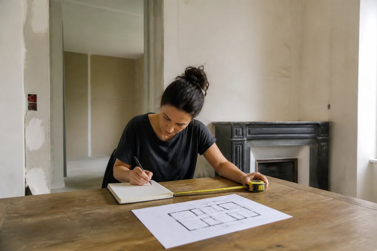 Person measuring a room with a 2D house plan printed on a table